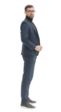 Yan görünüş. Başarılı iş adamı dört gözle bekliyor.