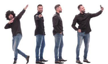 Akıllı telefonlu genç bir adamın fotoğraflarının kolajı.