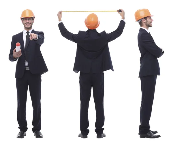 In volle groei .succesvolle architect ingenieur in oranje helm. — Stockfoto