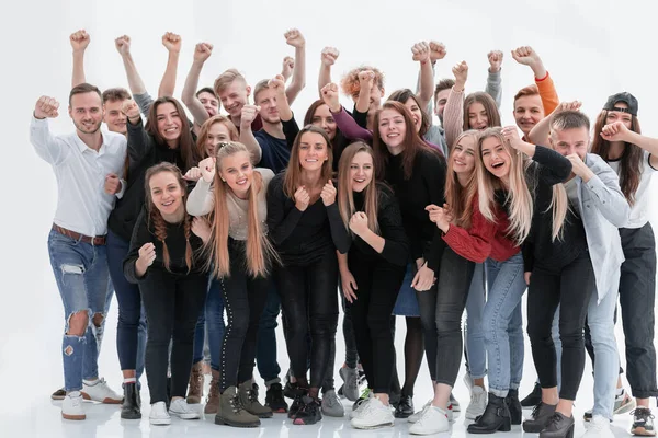 Grupo de jovens ambiciosos mostrando o seu sucesso — Fotografia de Stock