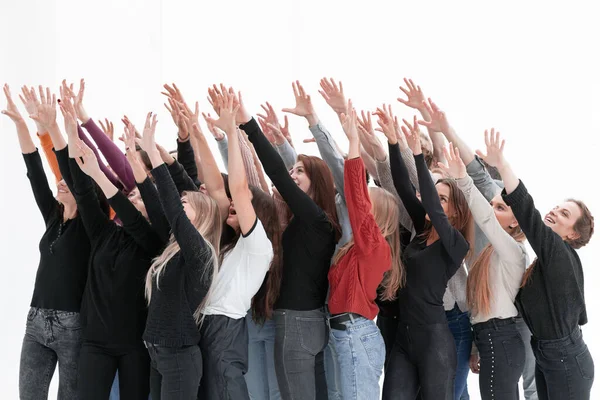 Groep van diverse jongeren die hun handen omhoog houden — Stockfoto