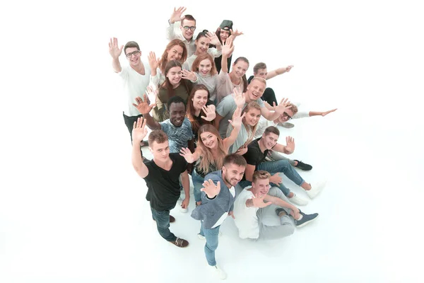 Ansicht von oben. Gruppe glücklicher junger Leute blickt in die Kamera — Stockfoto