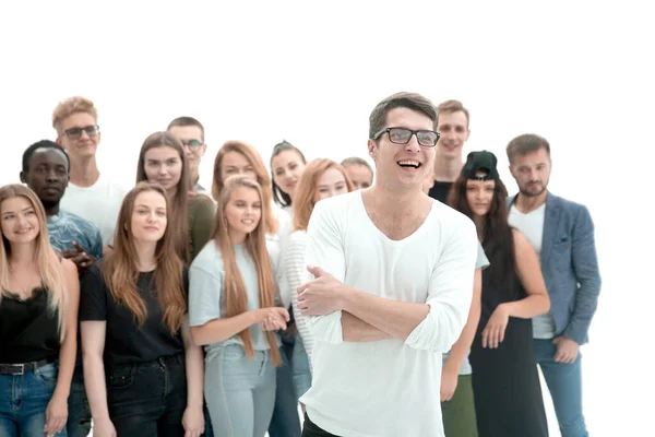 Ragazzo fortunato in piedi davanti alla sua squadra — Foto Stock