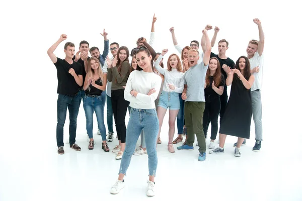 Giovane donna leader in piedi davanti ai suoi amici — Foto Stock