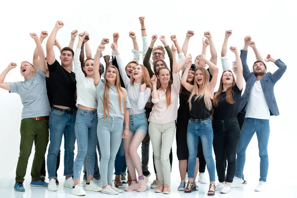 Feliz grupo de jóvenes con las manos en alto —  Fotos de Stock