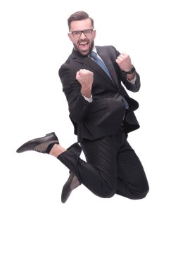 Tam gelişim. Mutlu dans eden genç iş adamı