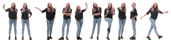 スマートフォンを持った現代の若い女性の写真のコラージュ — ストック写真