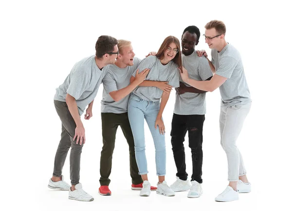 En pleno crecimiento. grupo de jóvenes diversos en camisetas idénticas —  Fotos de Stock