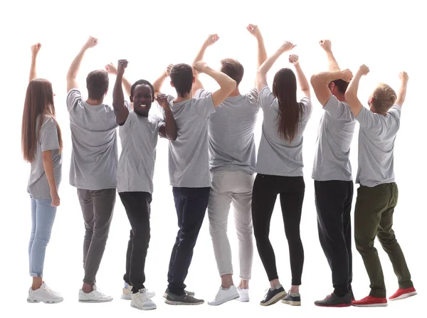 Rückansicht. eine Gruppe fröhlicher junger Menschen, die sich auf die Zukunft freuen — Stockfoto