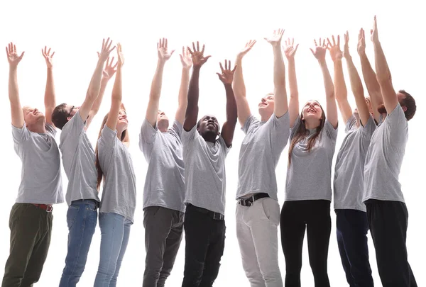 Happy young people stretching their hands up — Stock Photo, Image