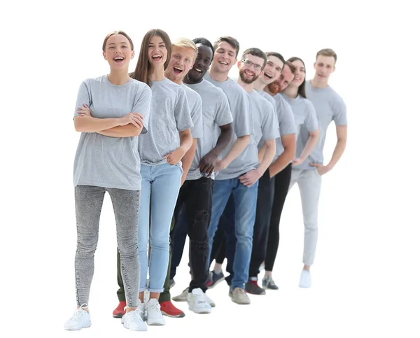 Grupp ungdomar i grå t-shirts står i rad — Stockfoto