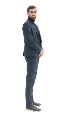 Yan görünüş. Kendine güvenen başarılı bir iş adamı. beyaz üzerine izole