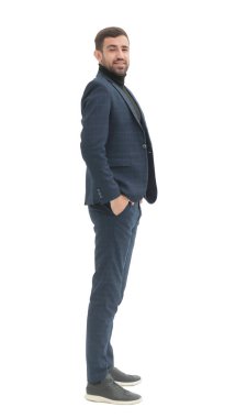 Yan görünüş. Kendine güvenen başarılı bir iş adamı. beyaz üzerine izole