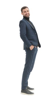 Yan görünüş. Kendine güvenen başarılı bir iş adamı. beyaz üzerine izole