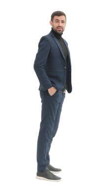 Yan görünüş. Kendine güvenen başarılı bir iş adamı. beyaz üzerine izole