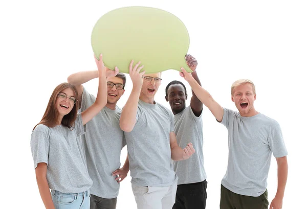 Close up. a group of diverse young people with a speech bubble — ストック写真