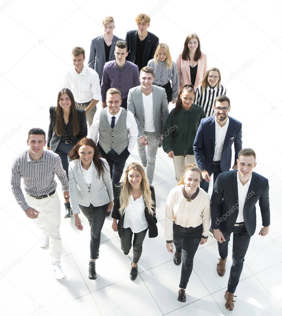group of diverse young business people walking together