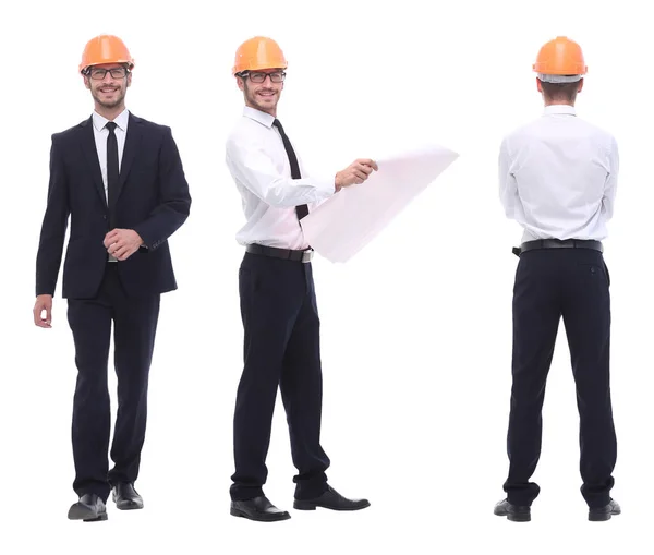 Em pleno crescimento .a arquiteto qualificado em um capacete laranja — Fotografia de Stock