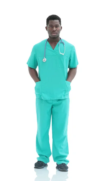 In piena crescita. medico sorridente in uniforme blu. — Foto Stock