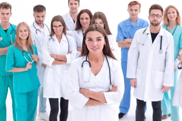 Gran grupo de profesionales médicos aplaudiendo a su líder — Foto de Stock