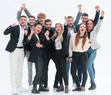 Tam gelişim. Mutlu genç insanlar başarılarını gösteriyor..