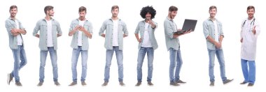 Kolaj doktoru ve genç adam beyazda izole edilmiş.