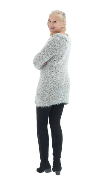 Back of a blonde hair woman standing isolated over a white background — Stock Photo, Image