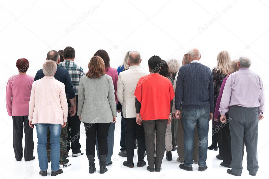 Rear view of a casual group of elderly people isolated over a white background