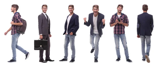 Collage fotografico di successo giovane uomo moderno.. isolato su bianco — Foto Stock