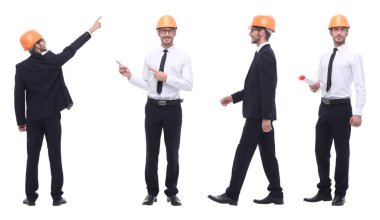 Beyaz üzerine izole edilmiş kalifiye bir mimarın panoramik fotoğraf kolajı