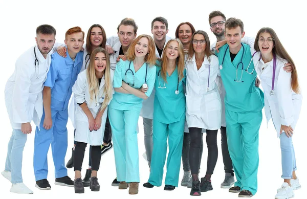 Top view. a group of smiling doctors pointing at you. — Stock Photo, Image