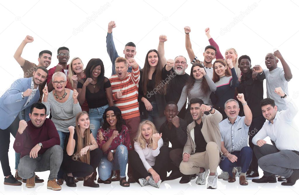 Cheerful diversity group of people with hands raised