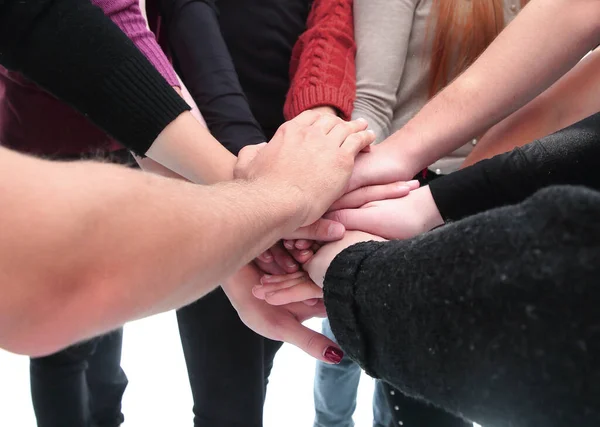 Group of diverse young people making a tower out of their hands — Stock Photo, Image