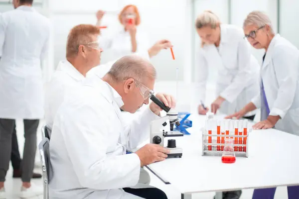 Grupo de cientistas realizar testes em laboratório  . — Fotografia de Stock