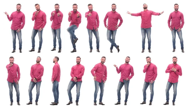 Kollázs képek egy érzelmes férfi piros ingben — Stock Fotó