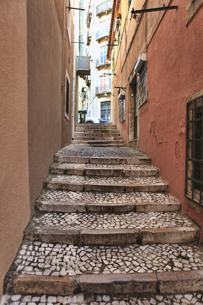 Old stairs in Lisbon , antique monument in the city, tourism in Portugal