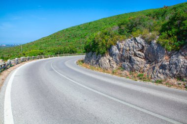 Boş yol ve ağaçların altında bulutlu gökyüzü manzara