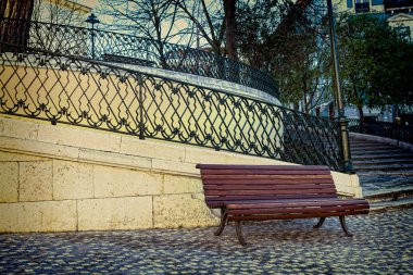 Parkta yalnız ahşap bir bank.