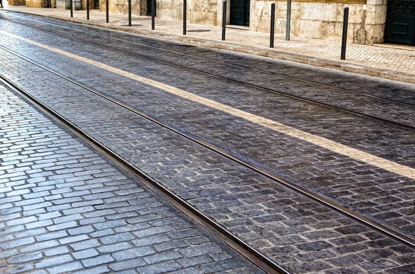 Tram tracks in the LISBON, a detail metal rails for the tram — Stock Photo, Image