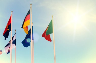 Mavi gökyüzü karşı ulusal bayrakların satır