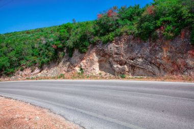 Boş yol ve ağaçların altında bulutlu gökyüzü manzara