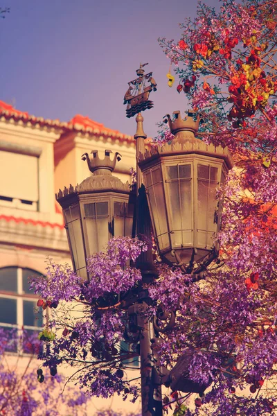 Vecchio lampione su una facciata classica a Lisbona — Foto Stock