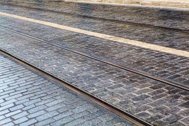 Tramvay için bir ayrıntı metal raylar parça Lizbon tramvay