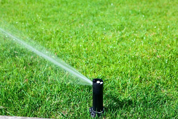 Aspersor rociando agua sobre un césped verde —  Fotos de Stock