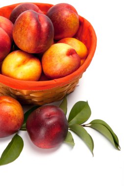 Sepette beyaz zemin üzerine taze meyve nektarin