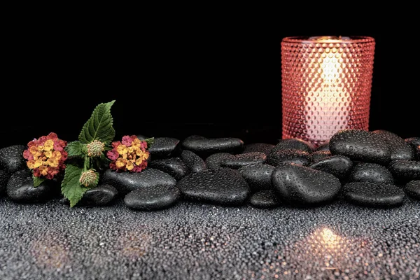 Magnifique concept de spa de fleurs en fleurs, bougies et sto noir — Photo