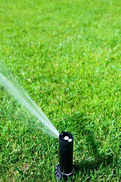 Sprinkler sproeien van water op een groen gazon — Stockfoto
