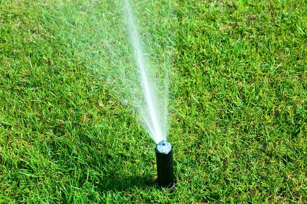 Aspersor rociando agua sobre un césped verde —  Fotos de Stock