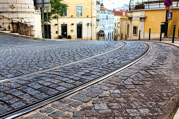 Tram tracks in the LISBON, a detail metal rails for the tram — Stock Photo, Image