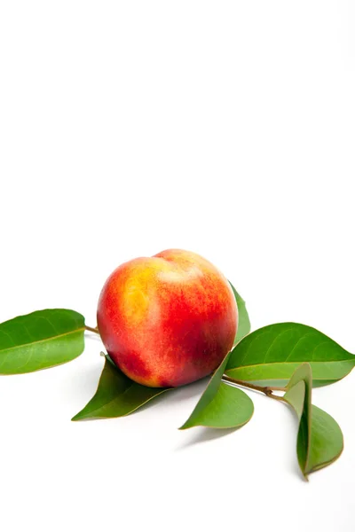 Спелый персик с листьями на белом фоне — стоковое фото